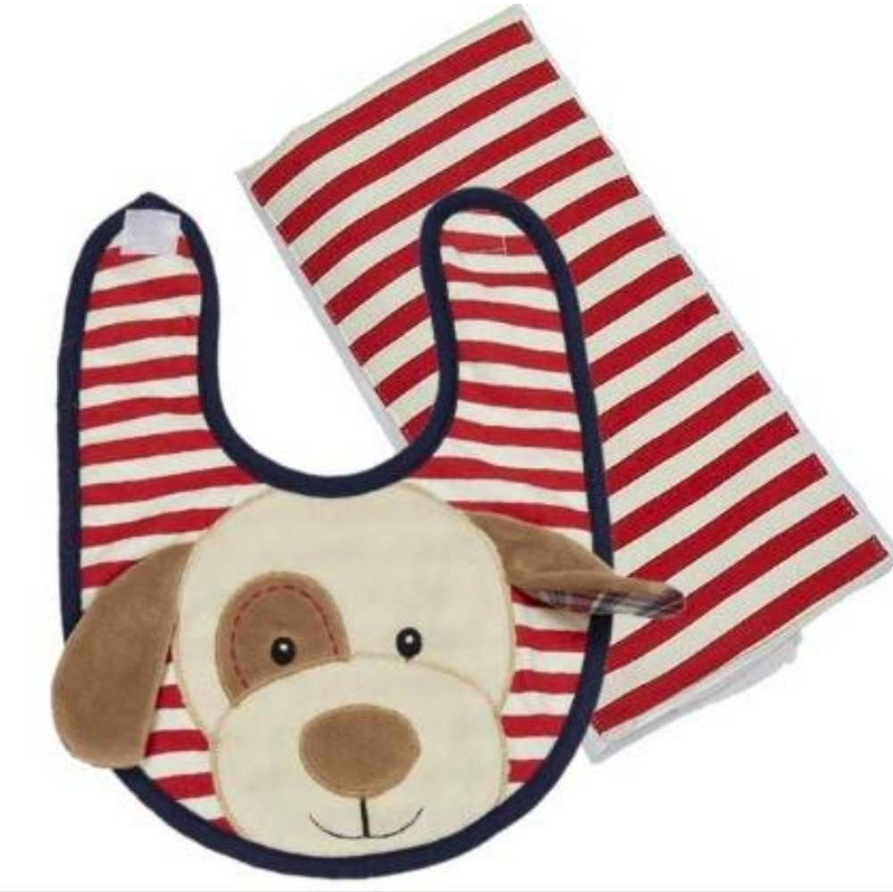 NWT Adorable Maison Chic Max The Puppy Bib and Burp Cloth Gift Set